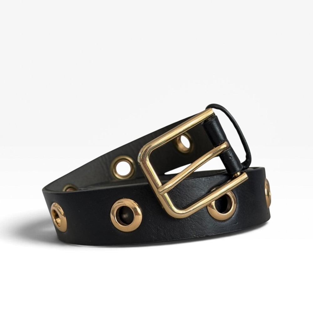 Y2K Black Grunge Grommet Belt Rectangle Buckle Gold Hardware Streetwear OS
